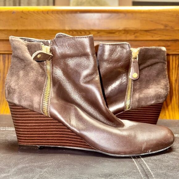 Isaac Mizrahi Kierra Brown Leather Wedge Boots Women's - Size 8.5 - Picture 2 of 7